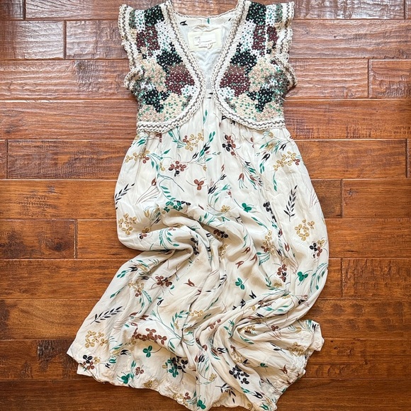 Anthropologie Crochet Floral Printed V Neck Maxi 4P